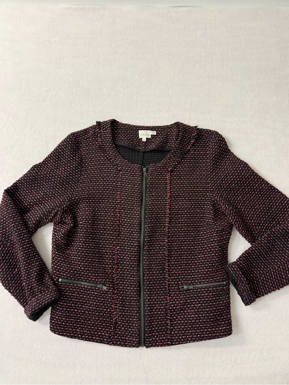 PEPPERCORN Textured Tweed Full Zip Fringe Jacket Black Pink Metallic XL